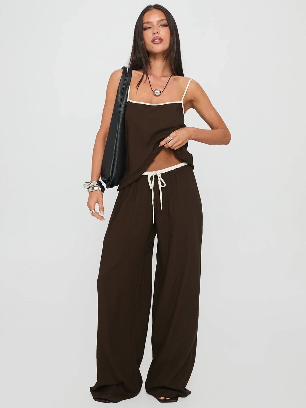 Princess Polly Brown Wide-Leg Lounge Pants with Cream Trim